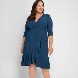Kiyonna Plus Size 3X Green ¾ Length Sleeves Whimsy Wrap Dress